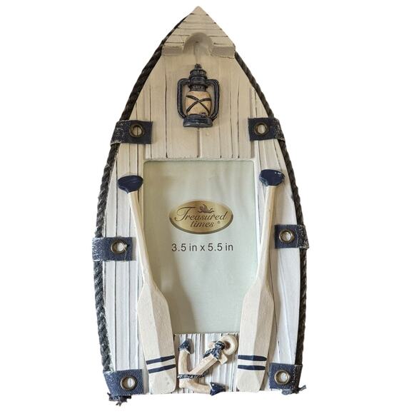 Nautical Boat Shaped Picture Photo Frame Coastal Decor Anchors Oars Distressed - Picture 1 of 5